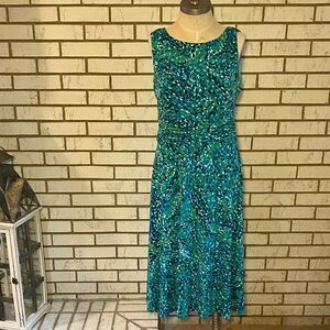 Sleeveless Teal and Blue Print Midi Dress